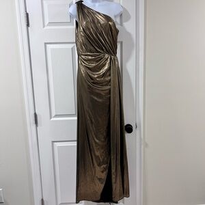 NWT Ieena Mac Duggal Grecian Metallic Sheath Dress One-Shoulder Antique Gold 4